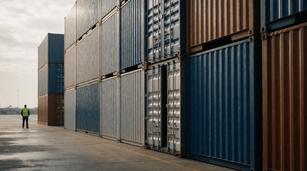 Stacked shipping containers in a port with one door slightly open