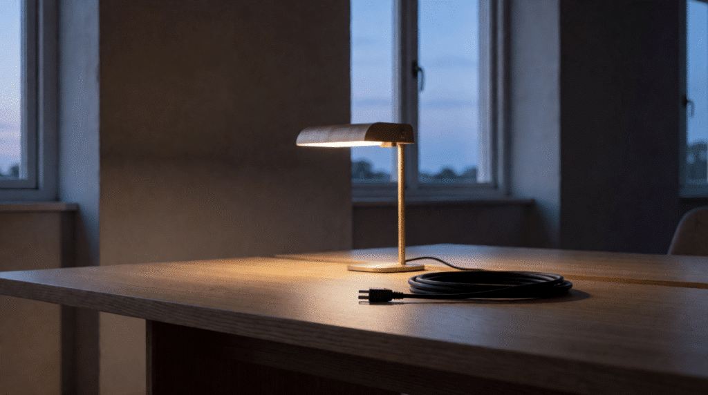 Switched-off lamp beside an empty desk with a coiled cable at twilight