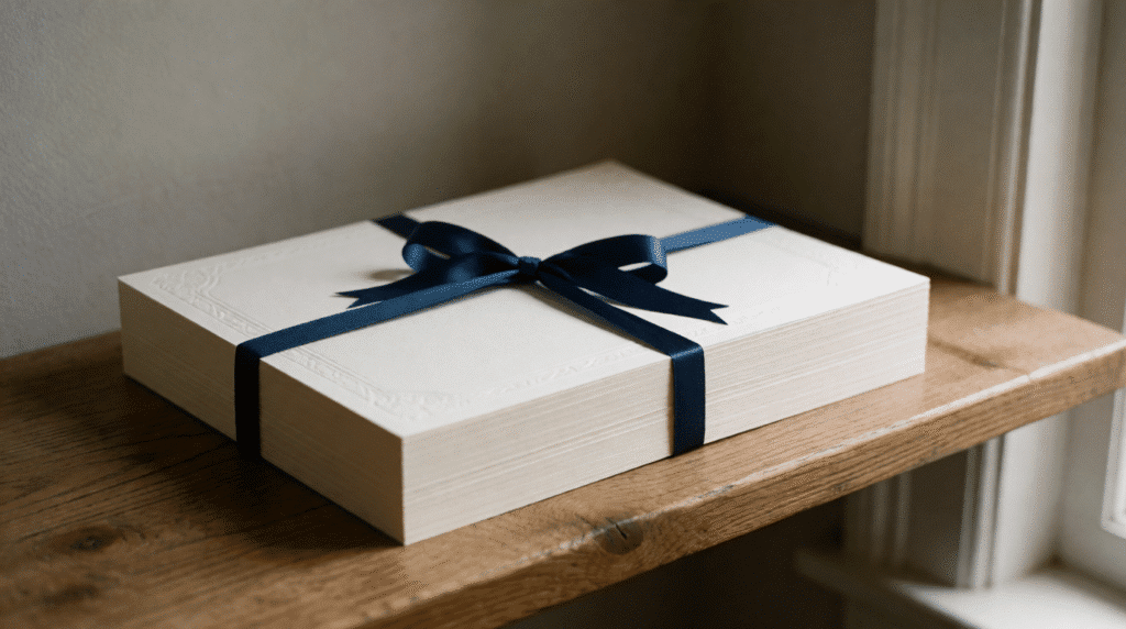 Stack of cream paper tied with a blue ribbon on an oak shelf