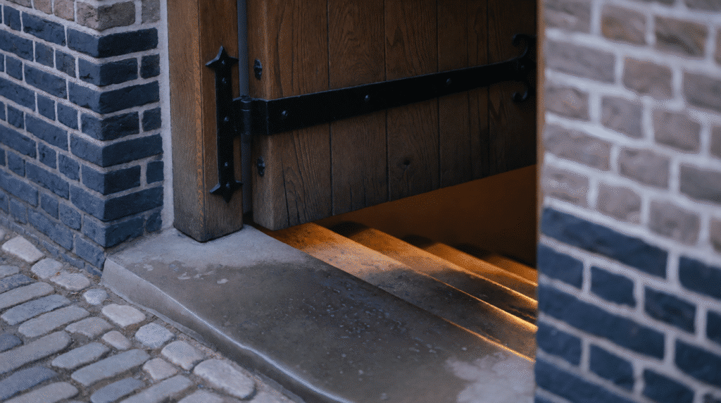 Heavy wooden canal-house cellar door ajar with light spilling out