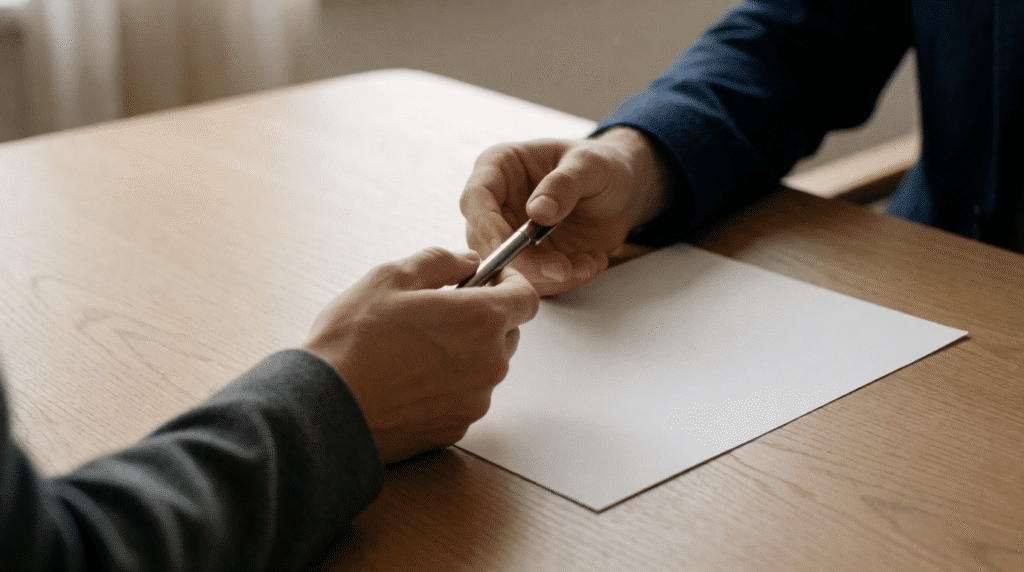 Two hands passing a pen and a blank sheet of paper across a desk