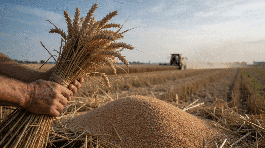 Hands holding a sheaf of wheat before a field with a distant combine harvester