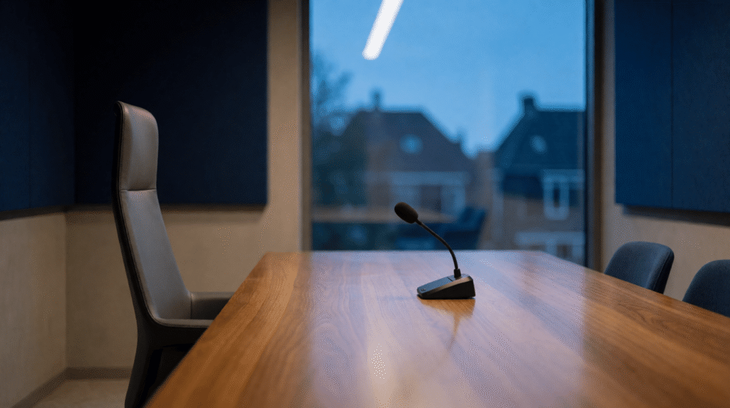Meeting room with an empty chair at the end of a long table