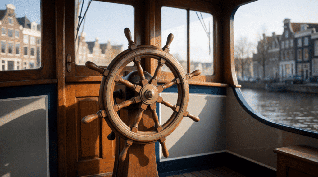 Ship's wheel in the wooden wheelhouse of a historic canal barge