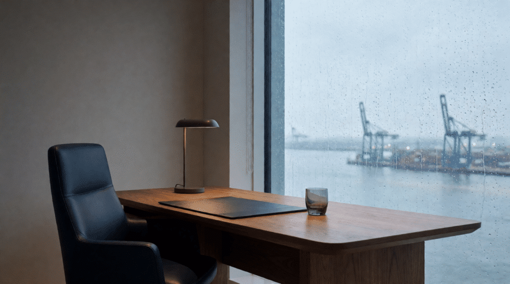 Empty office chair by a window overlooking a rainy harbour with cranes