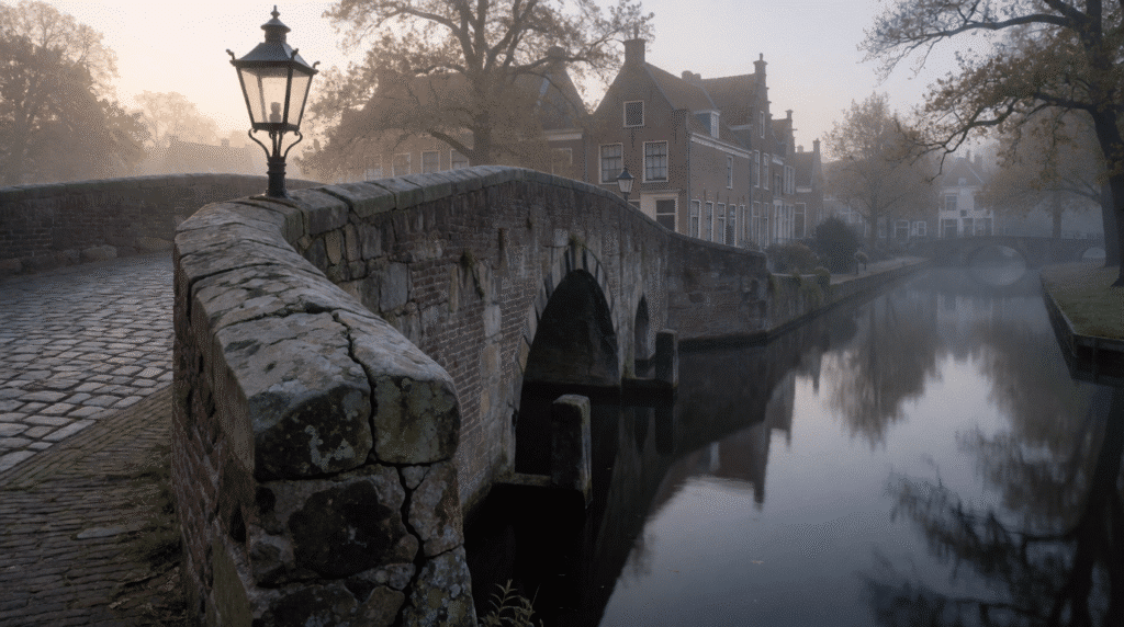 Stone bridge over a canal with a lantern in grey morning mist