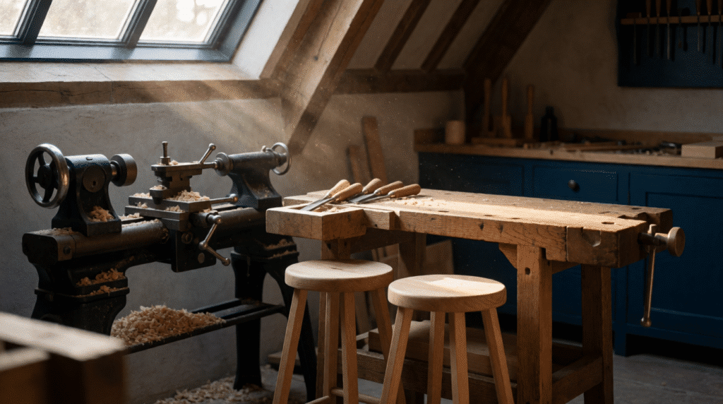 Small workshop with a lathe and workbench and two stools side by side