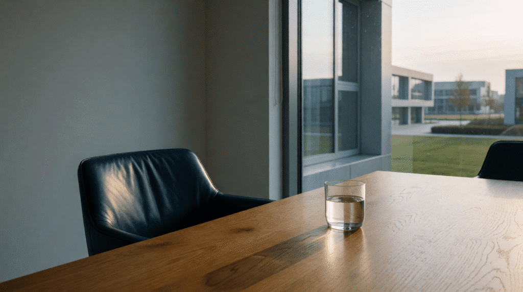 Boardroom table with a pushed-back leather chair and a glass of water