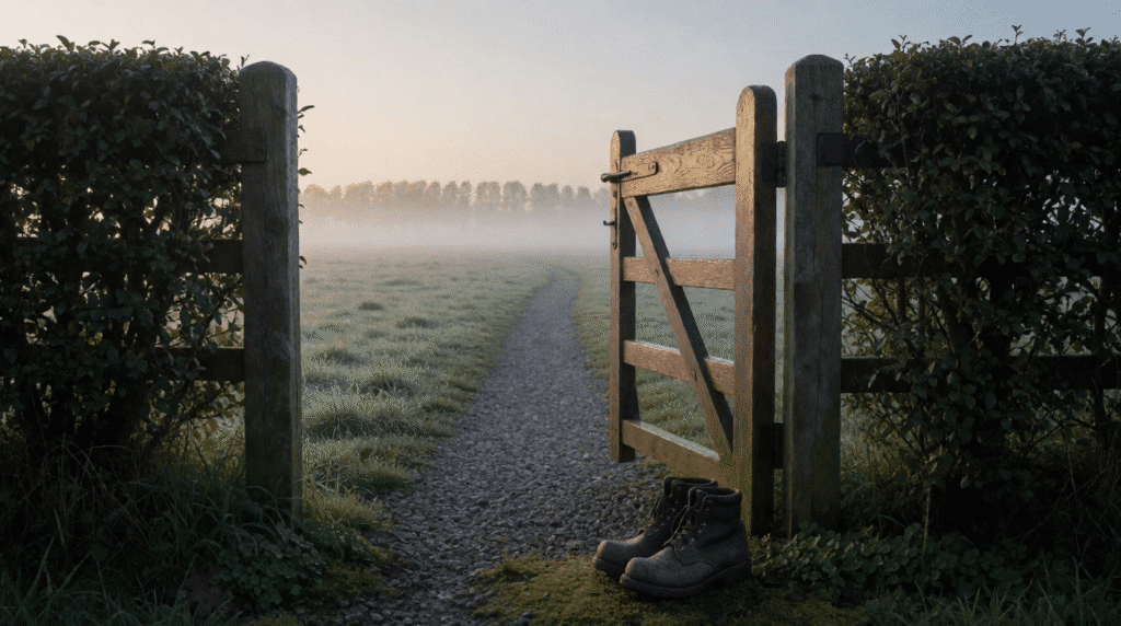 Open gate in a hedge with boots and a path across a misty meadow