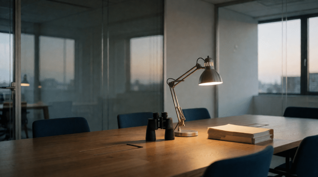 Desk lamp shining on a stack of blank files in a glass-walled office