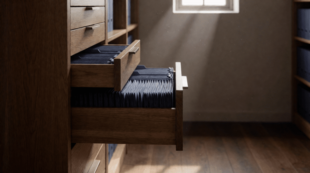 Tall filing cabinet with open drawers of blank folders in a sunbeam