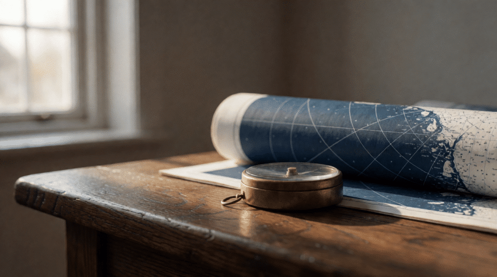 Compass on a wooden table beside a rolled blue chart