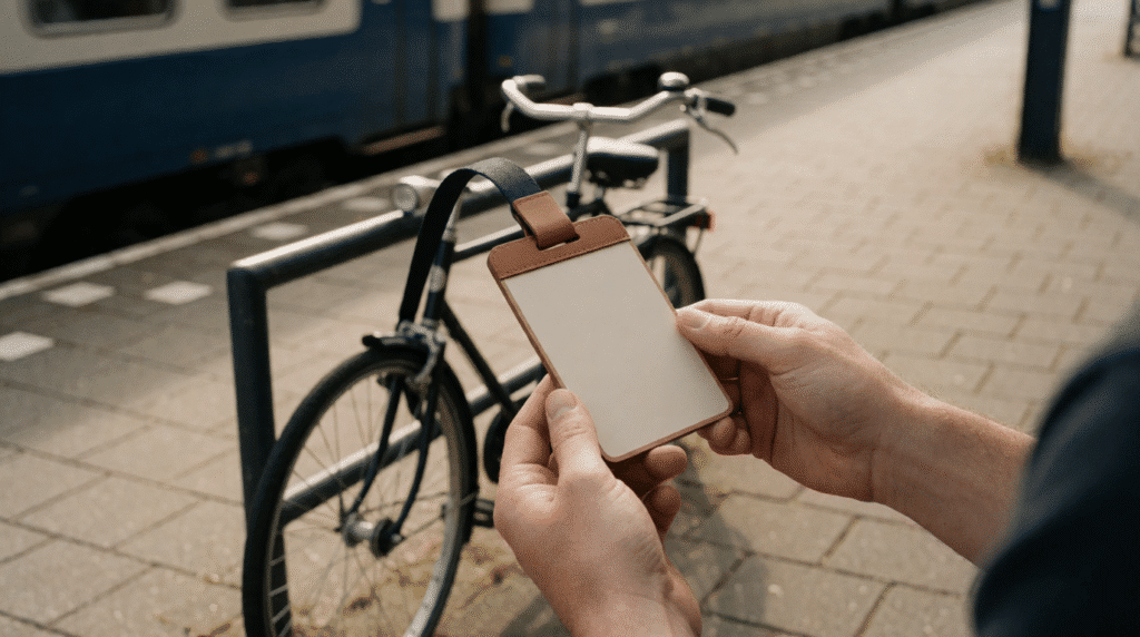 Bicycle against a railing on a station platform with a blurred train
