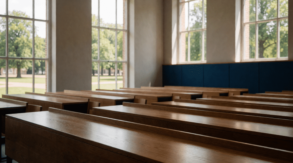 Empty lecture hall with wooden desks and tall windows over a campus