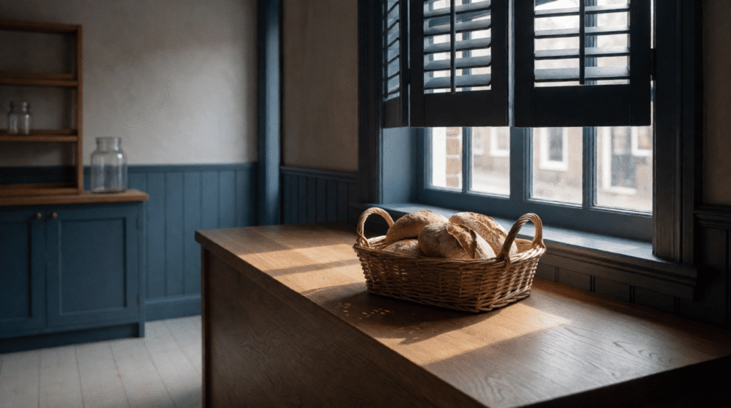 Bakery with half-lowered shutters and a bread basket on the counter