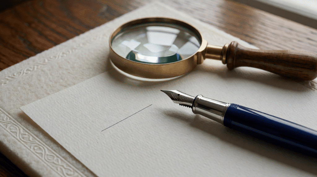 Fountain pen beside a blank signature line with a magnifying glass above