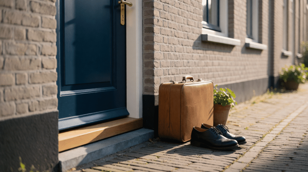 Suitcase and travel shoes beside the front door of a terraced house