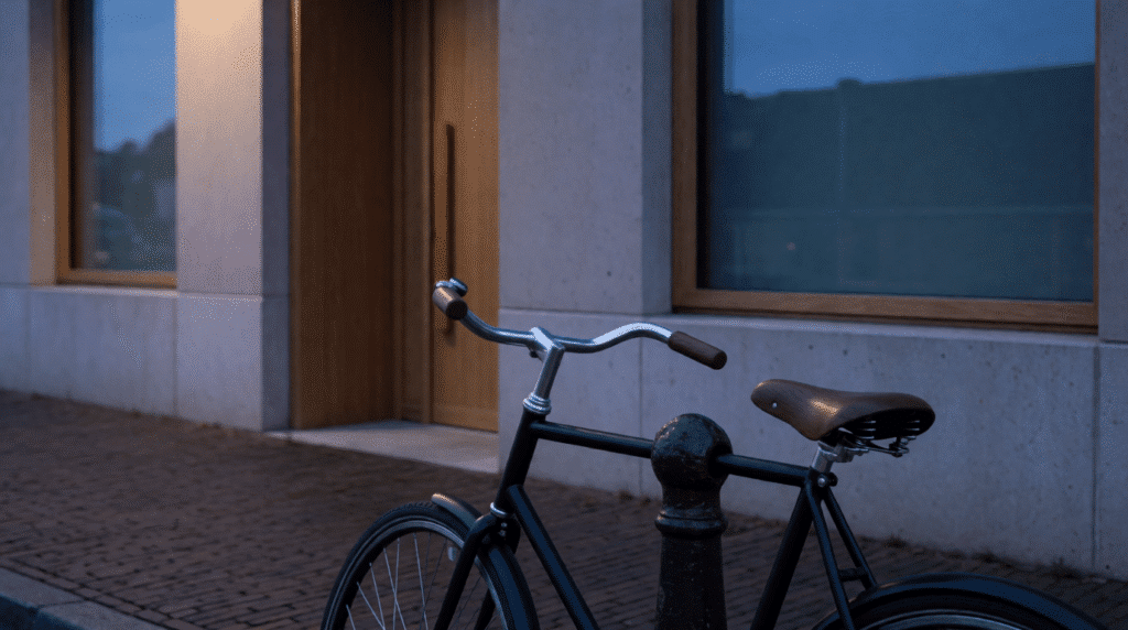 Bicycle against a bollard outside an office building at blue hour
