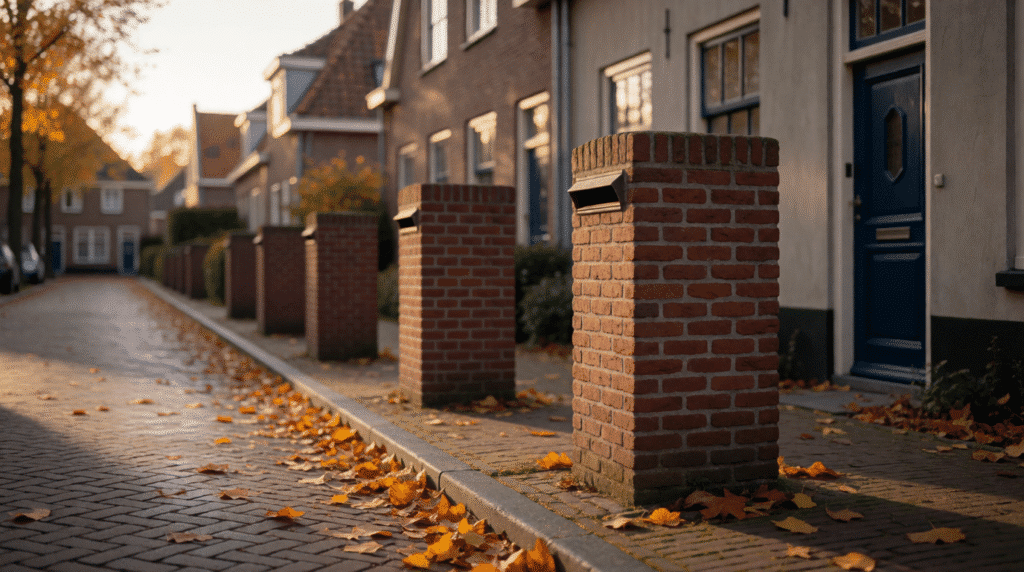 Row of post boxes on a quiet residential street with autumn leaves