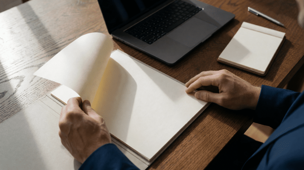 Hands turning pages of a blank case file on an oak table