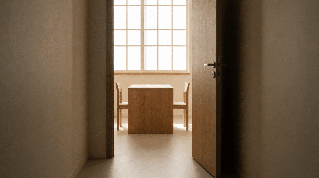 Plain interview room with a table and two chairs through a half-open door