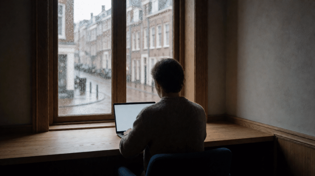 Person seen from behind at a laptop in a dim home office