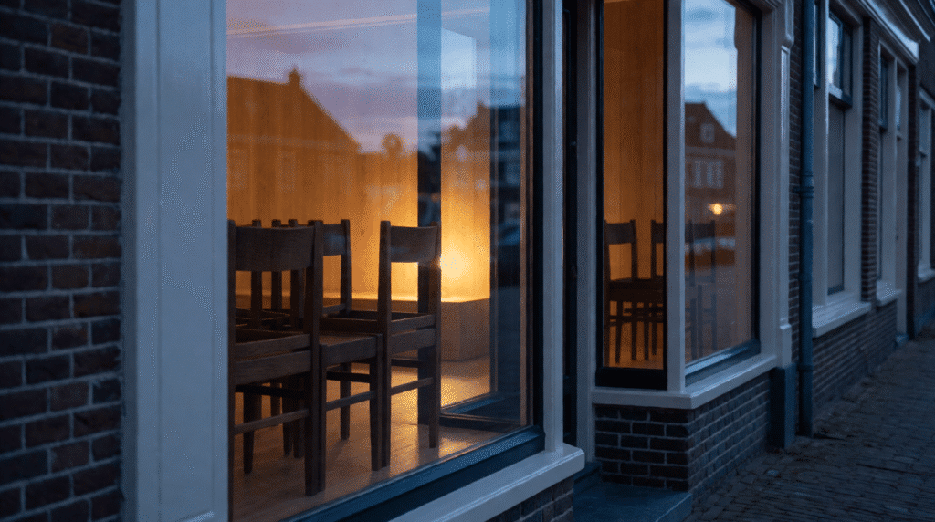 Closed empty shop with stacked chairs seen through glass at dusk