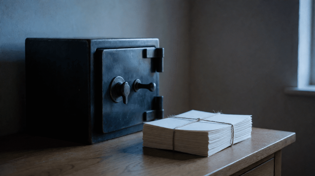 Closed steel safe next to a stack of bound blank documents