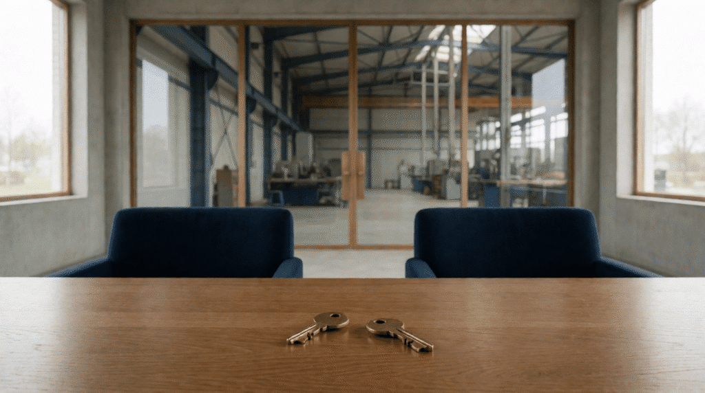 Two keys on a wooden table between two chairs with a factory hall behind