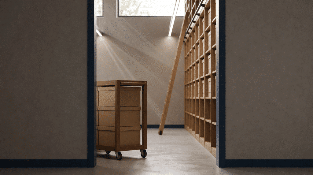 Cart of archive boxes in a records room with a ladder