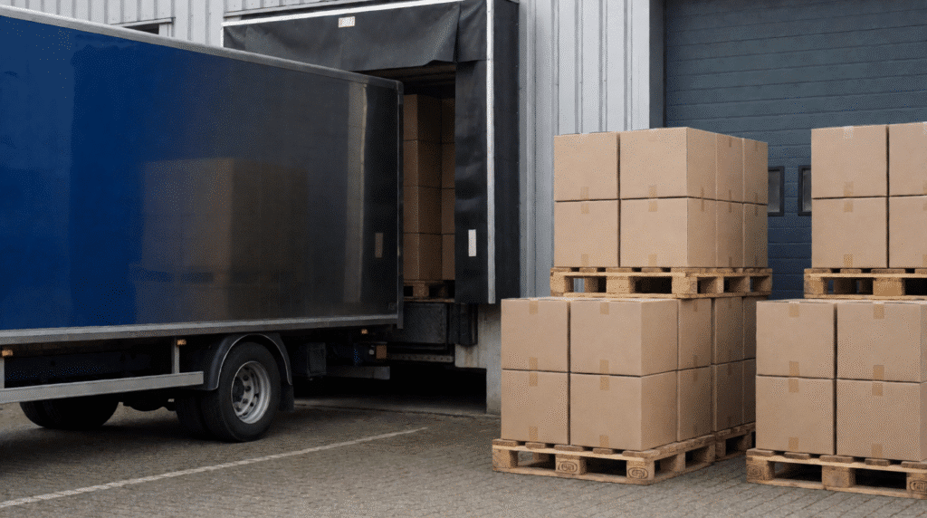 Loading dock behind a warehouse with pallets of closed boxes