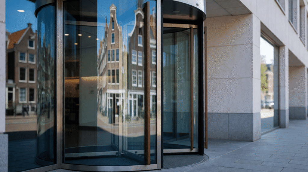 Revolving door of a bank branch with canal houses reflected in the glass