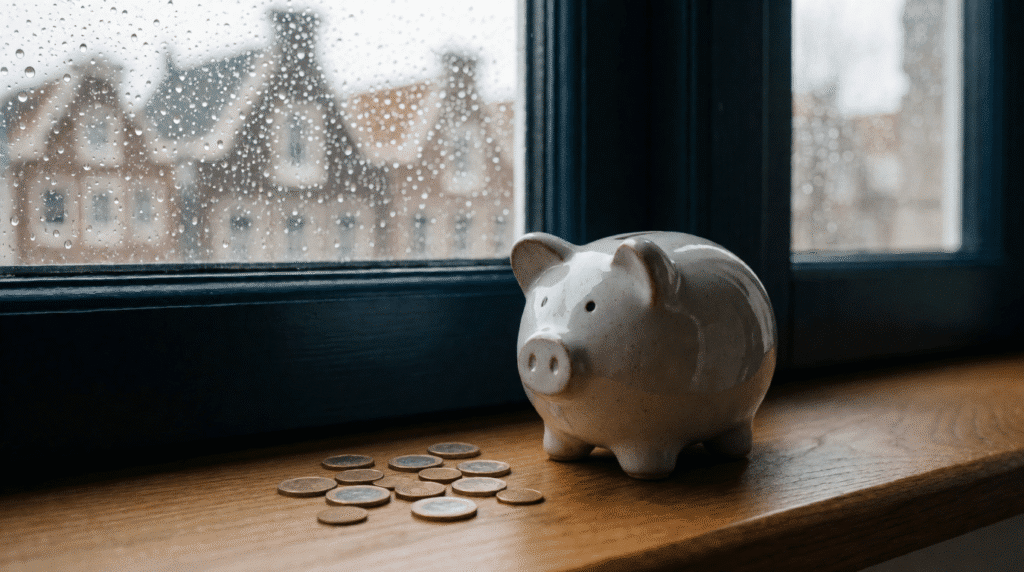 Piggy bank and loose euro coins on a windowsill with rain on the glass