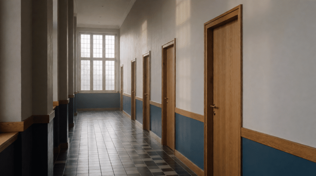 Long hallway in a municipal building with doors and a window at the end
