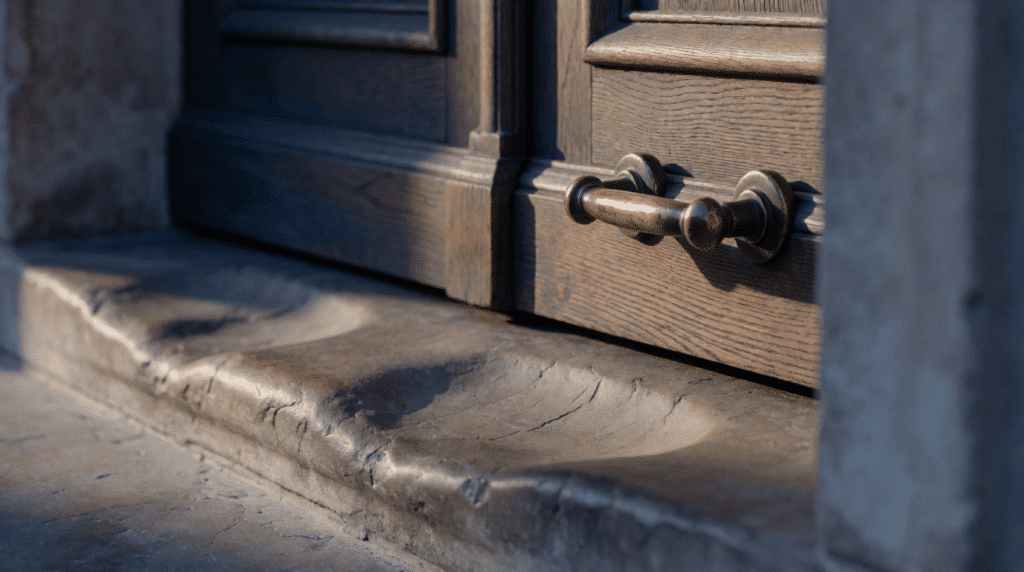 Worn stone doorstep and tall door with a bronze handle of a court building