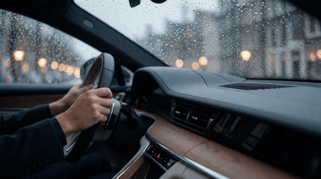 Hands on a steering wheel with city lights on a wet windscreen
