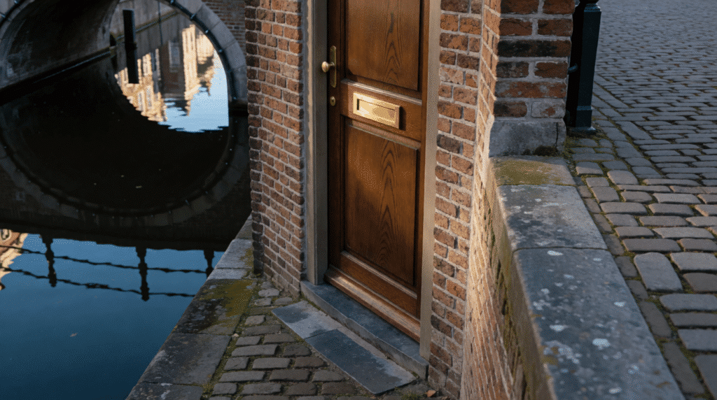 Closed wooden door with a letterbox beside a canal in morning light