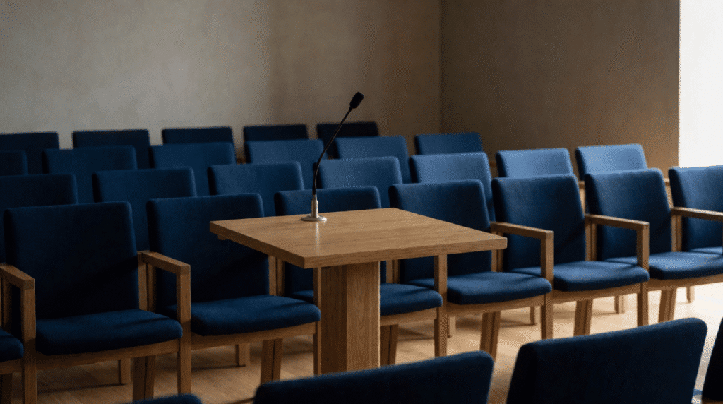 Small lectern with a microphone in an empty hall with rows of chairs
