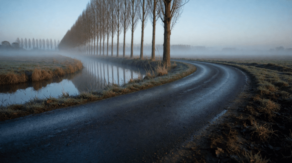 Winding country road with a sharp bend along a canal lined with poplars
