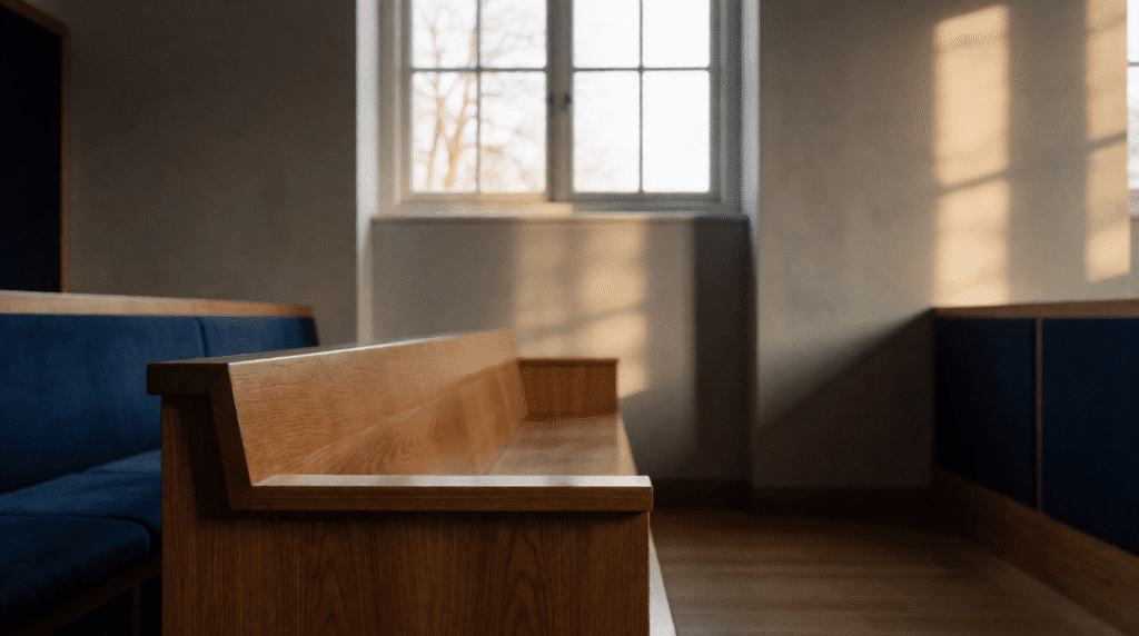 Side view of a judges' bench in an empty courtroom