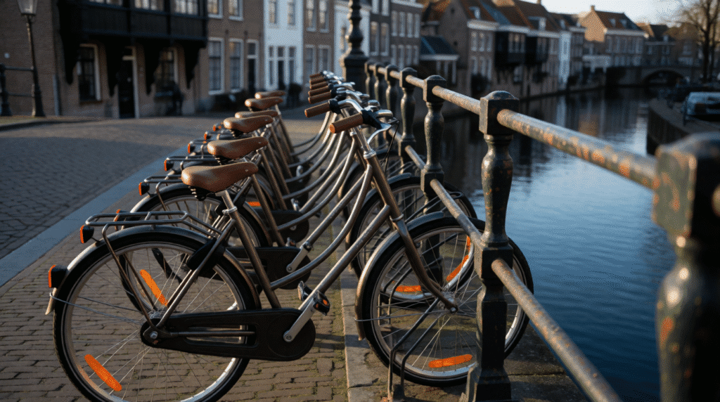 Row of identical bicycles in a bike rack on a bridge