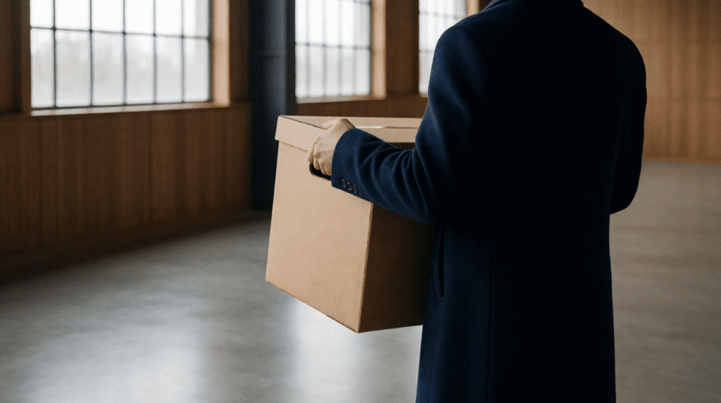 Person seen from behind carrying an archive box through an empty office