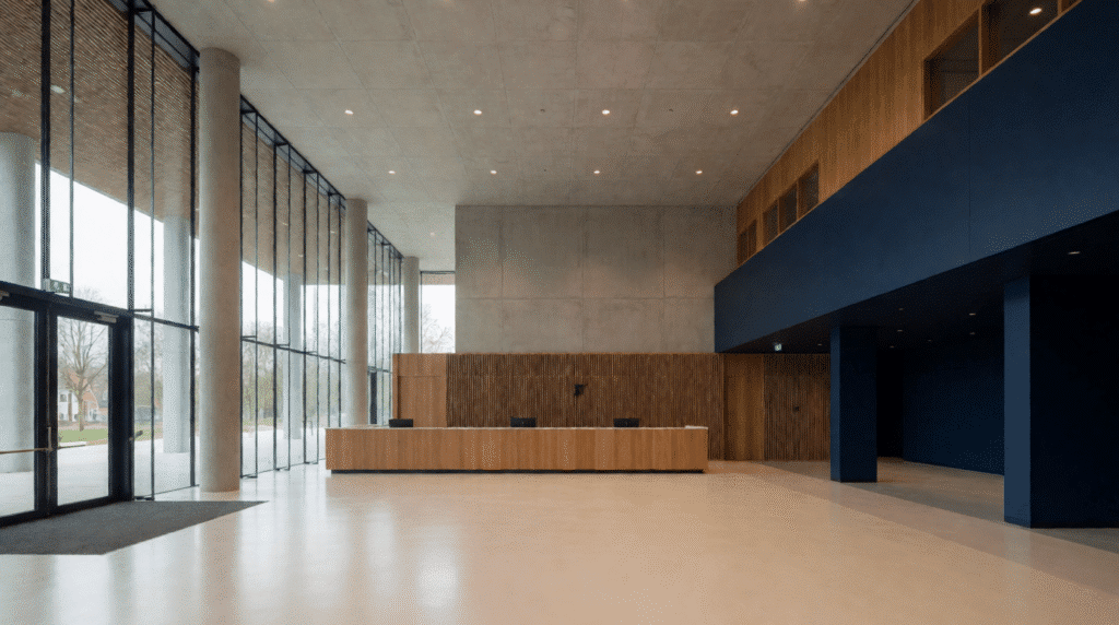 Glass lobby of a government building with a reception desk in the distance