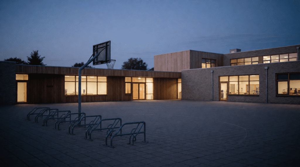 Empty schoolyard with a basketball hoop and bike rack at dusk