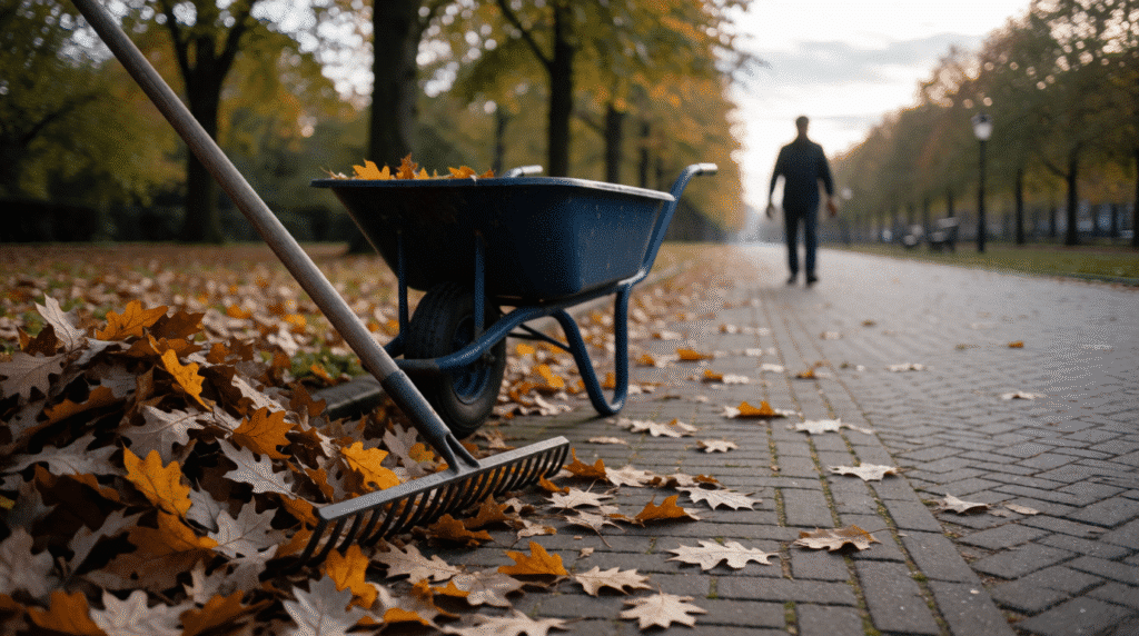 Rake and autumn leaves on a park path with a wheelbarrow