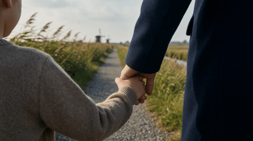 Child's hand in an adult's hand on a dike path with distant windmills