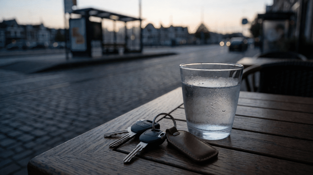 Car keys next to a glass of water on a café terrace in the evening