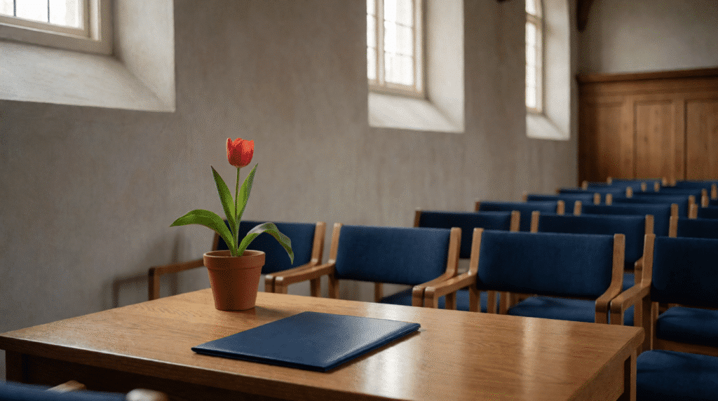 Empty chairs in a town hall room with a folder and a tulip on a table