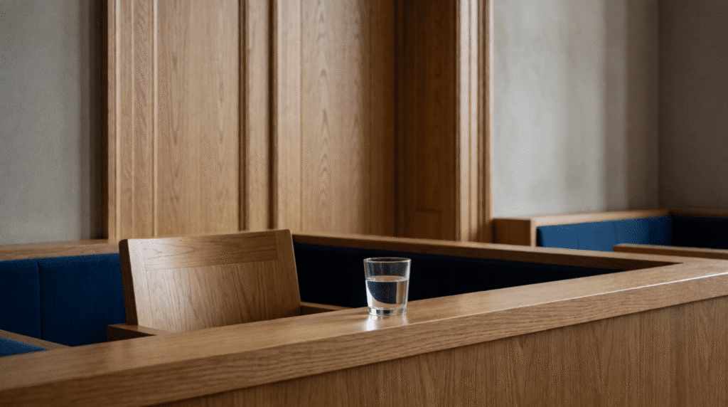 Empty witness chair and a glass of water in a wood-panelled courtroom