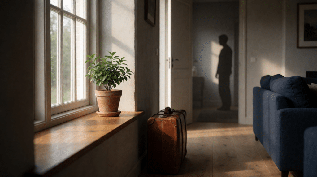 Living room window with a plant and a suitcase by the door in morning light